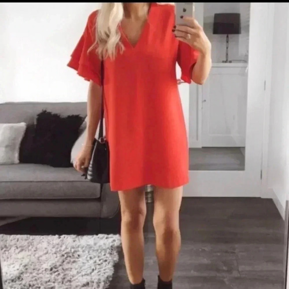 Zara Woman | Red V-Neck Ruffle Sleeve Mini Shift Dress - Picture 3 of 9